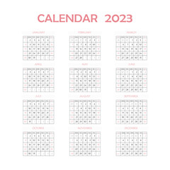 2023 calendar planner. Corporate week. Template layout, 12 months yearly, white background. Simple design for business brochure, flyer, print media, advertisement. Week starts from Monday