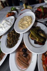 Traditional Turkish appetizer foods (Turkish meze) on the restaurant table.