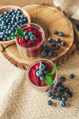 Obraz na płótnie Canvas Fresh juicy blueberry smoothies in the glass. Simple background. Healthy food. Detox. Lifestyle