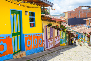 colorful street of guatape colonial town, colombia