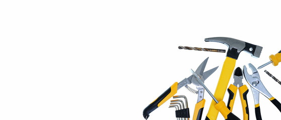 different type of yellow and black hand tools flat lay isolated white background with copy space 