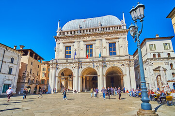 Historic landmarks of Piazza della Loggia square, Brescia, Italy