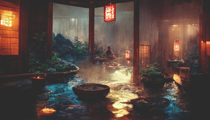 Fantasy Japanese landscape. Japanese hot springs, ancient architecture. 3D illustration.