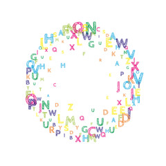 Falling letters of English language. Bright handdrawn flying words of Latin alphabet. Foreign languages study concept. Artistic back to school banner on white background.