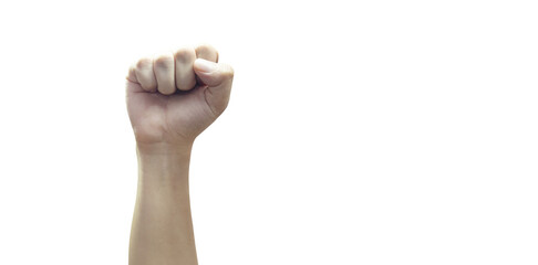 Man hand with clenched fist on PNG transparent background expressing freedom
