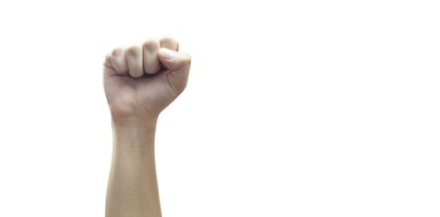 Man hand with clenched fist on PNG transparent background expressing freedom