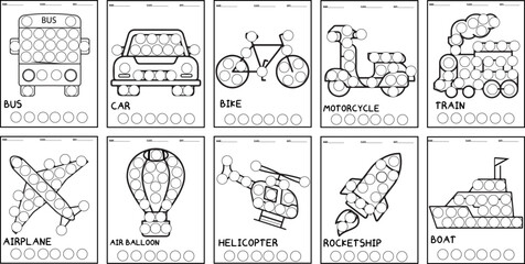 Different kinds of transportation Vehicles,Dot Markers Coloring Book for kids.