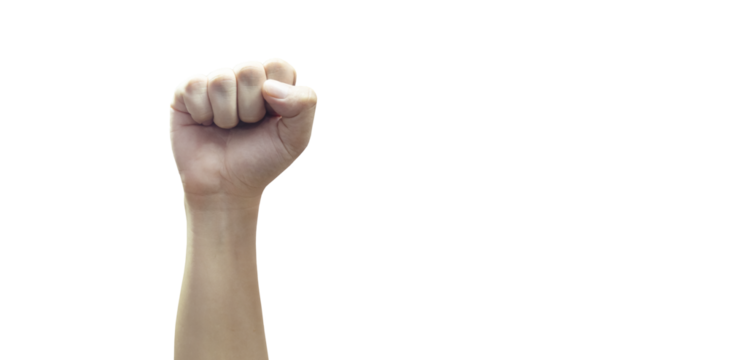 Man hand with clenched fist on PNG transparent background expressing freedom - Powered by Adobe