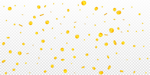 Chinese yuan coins falling. Scattered gold CNY