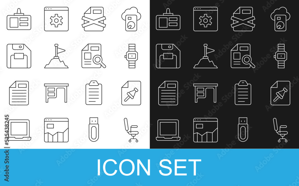 Poster set line office chair, note paper with push button, wrist watch, delete file document, mountains fla
