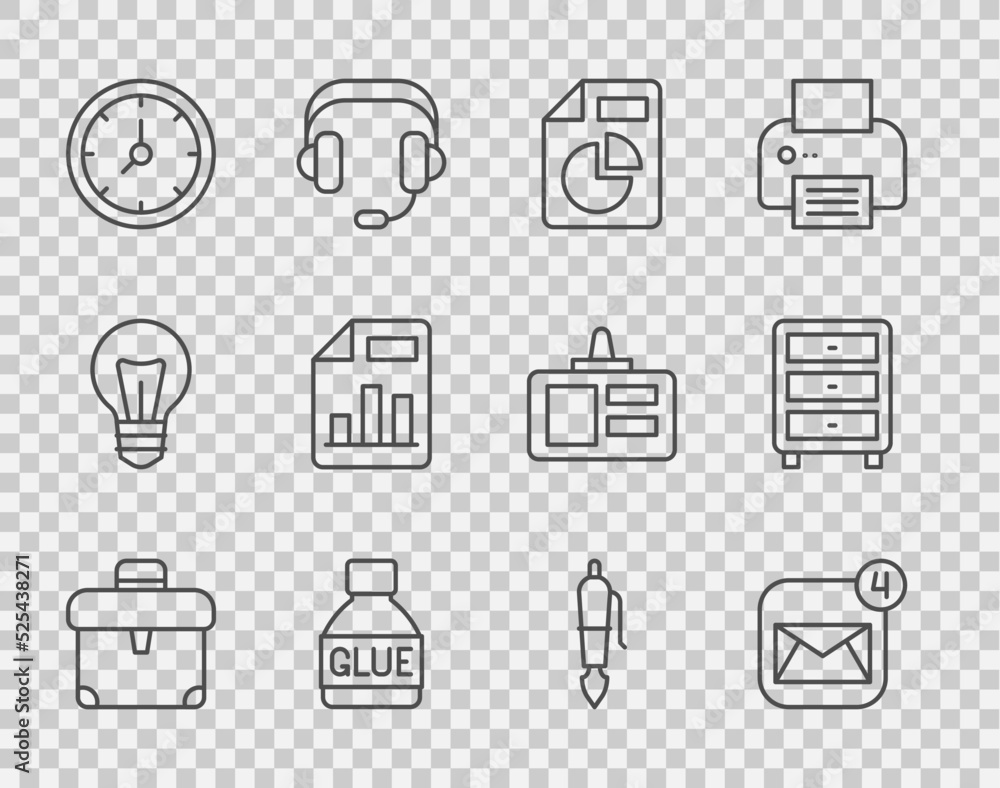 Poster set line briefcase, envelope, document with graph chart, glue, clock, fountain pen nib and archive p