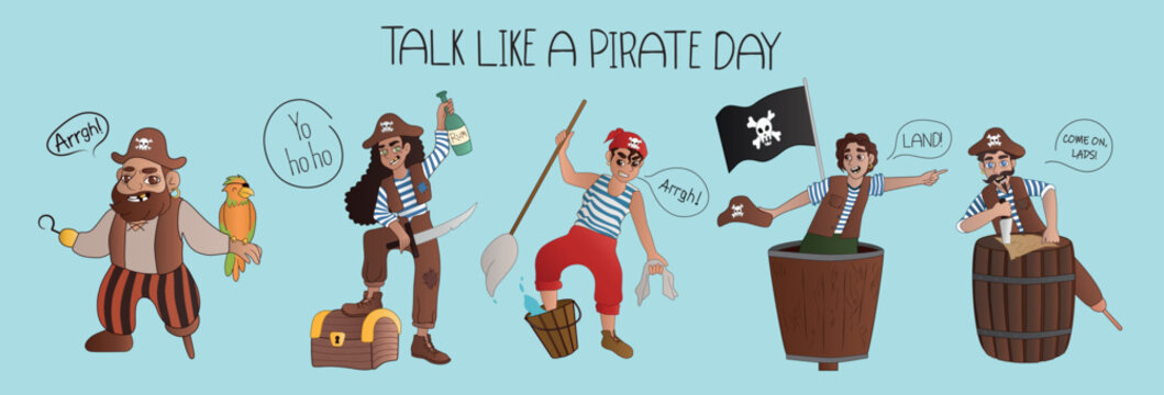 Set of pirates on light blue background. Talk Like a Pirate Day