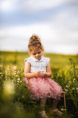 Dziewczynka siedzi na krześle na polu i trzyma w rękach kwiatka