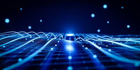 3d rendering abstract defocused blue neon background with light trails and bokeh.