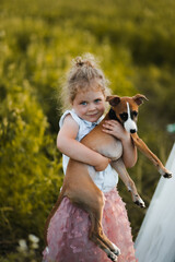 Mała dziewczynka trzyma szczeniaka whippet na rękach