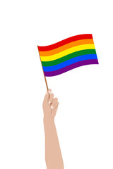 Tęczowa flaga w uniesionej dłoni. Symbol społeczności LGBTQ. Tolerancja, wolność, miłość, różnorodność. Ilustracja wektorowa na LGBT Pride Month. - obrazy, fototapety, plakaty