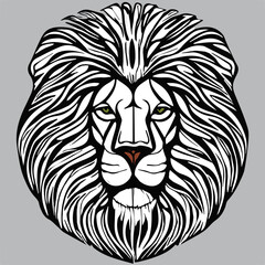 Lion head with long mane. Vector line art.