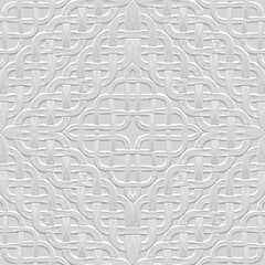 White 3d emboss celtic seamless pattern. Textured ornamental surface vector background. Grunge repeat white relief backdrop. Embossed beautiful wicker ornaments. Endless ornate light grid texture