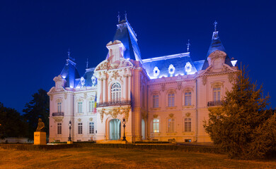 Fototapeta na wymiar Cityscape of Craiova with luxurious illuminated building of Art Museum at night.