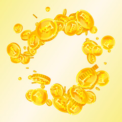 Swiss franc coins falling. Gold scattered CHF