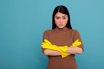 Mature angry unhappy asian female from chores crossed hands, Housewife worker, Cleaning home...