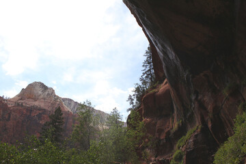 Obraz premium Mist and water slowly cascades from rocky overhang during summer monsoon weather in the Utah canyon 