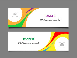 Triadic colorful banner on white background small shadow, camera icon metaverse word new technology and communication concept for media, website, poster banner template, copy space for text or design