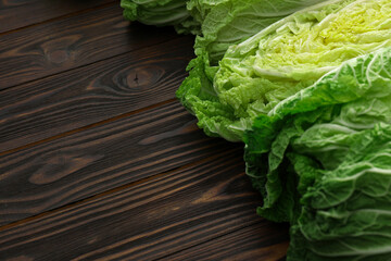Fresh ripe Chinese cabbages on wooden table, closeup. Space for text