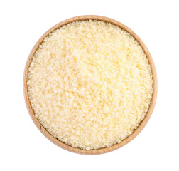 Bowl with grated parmesan cheese isolated on white, top view