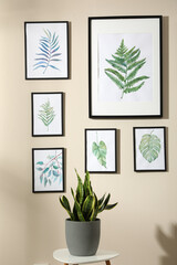 Beautiful paintings of tropical leaves on beige wall in room