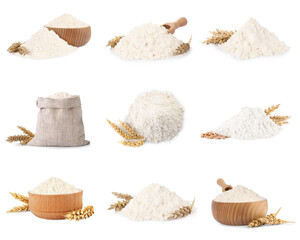 Set with wheat flour on white background
