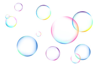 Many beautiful soap bubbles on white background