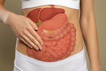 Closeup view of woman with illustration of abdominal organs on her belly against beige background - obrazy, fototapety, plakaty