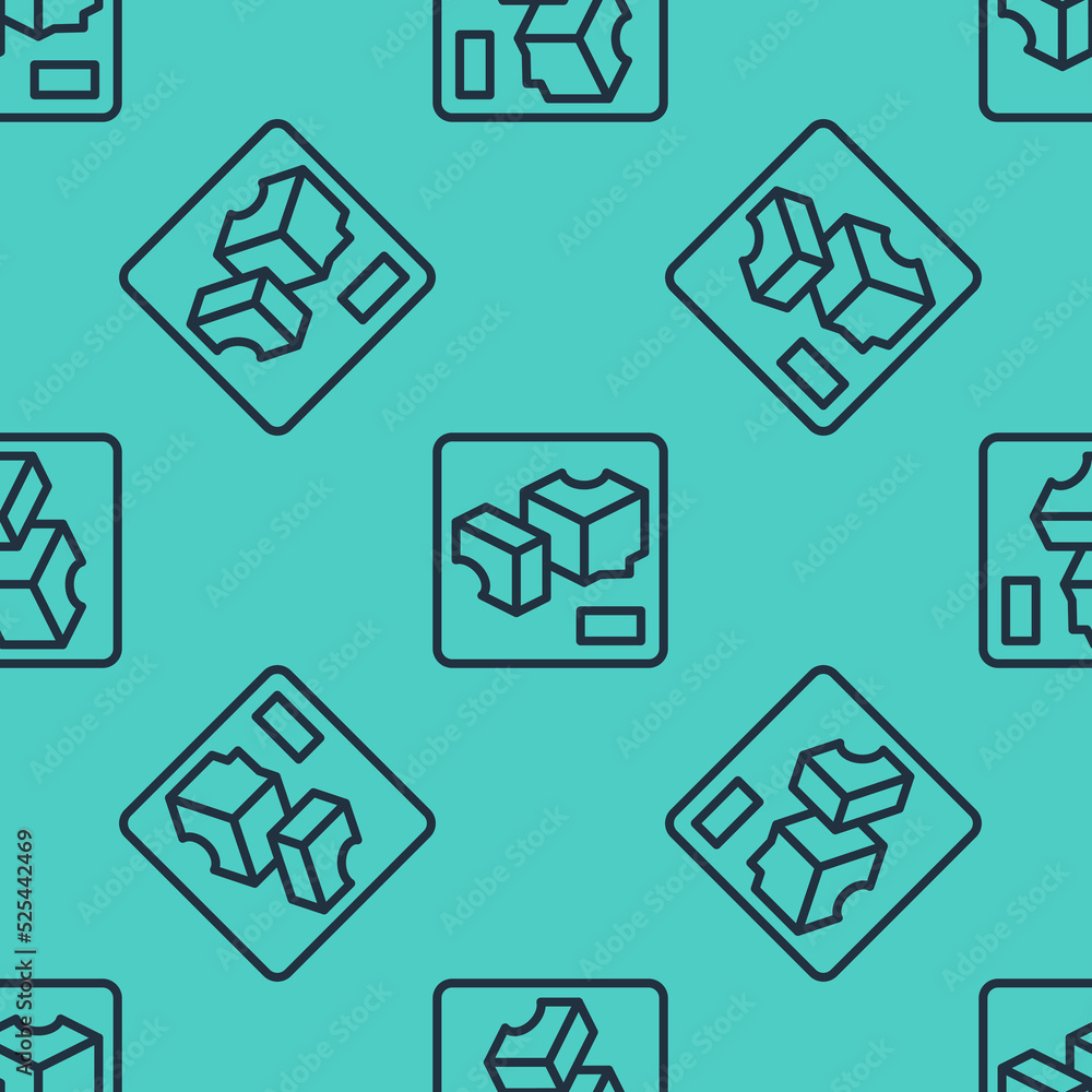 Poster black line 3d printer icon isolated seamless pattern on green background. 3d printing. vector