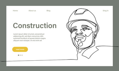 Vector landing page of architecture works with protective face masks for safety in machine industrial factory. Continuous one line drawing for your minimal design