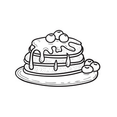 Fresh baked pancakes with syrup and berries in doodle engraved sketch style. Traditional breakfast product. Cartoon detailed hand drawn vector illustration. For menu,coffee shop,cafe,bakery,restaurant