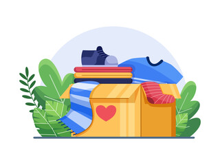 Clothes Donation Vector Illustration Concept.
Volunteering Donate Clothes To Help Other People.
Clothes put in the donation box.
Happy International day of Charity, 5 September.
Clothing Fundraising.