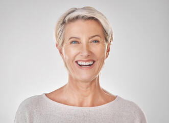 Senior woman with smile for dental health, beauty skincare and content face against studio mockup...