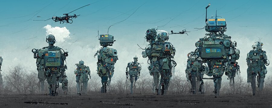 AI army military artificial intelligence arms race to produce an AI enabled army with autonomous robot soldiers and weapon systems, conceptual illustration