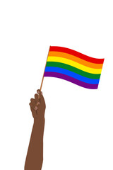 Tęczowa flaga w uniesionej dłoni. Symbol społeczności LGBTQ. Tolerancja, wolność, miłość, różnorodność. Ilustracja wektorowa na LGBT Pride Month. - obrazy, fototapety, plakaty