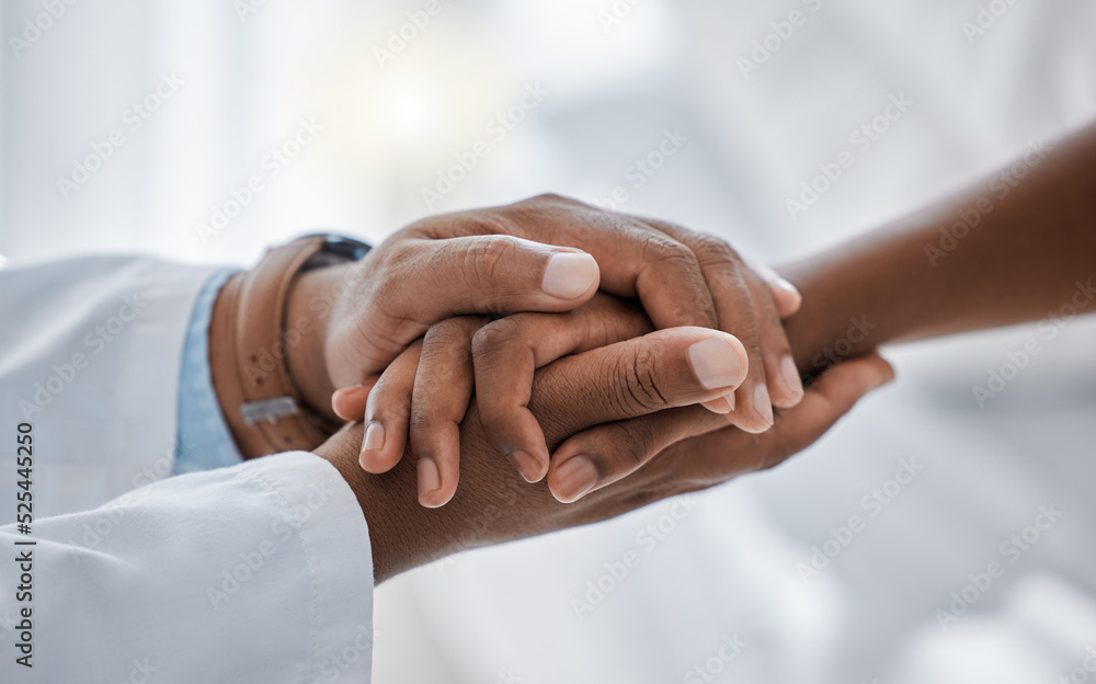 Sticker Support, trust and hospital care with a doctor and patient holding hands, sharing bad news of a cancer diagnosis. Kind doctor offering a loving gesture to a sick person during a health crisis