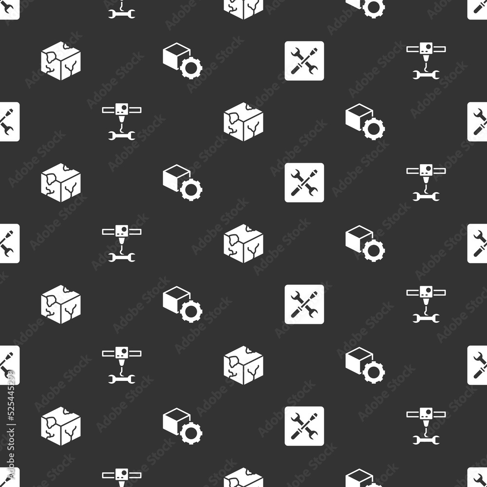 Aufkleber set 3d printer setting, wrench spanner, isometric cube and on seamless pattern. vector