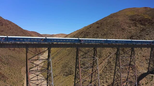 AERIAL - Railway Viaducto la Polvorilla bridge in Salta, Argentina, rising forward