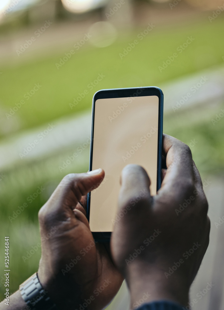 Aufkleber digital phone and mockup space for screen looking at social media, internet or web content. hands ty