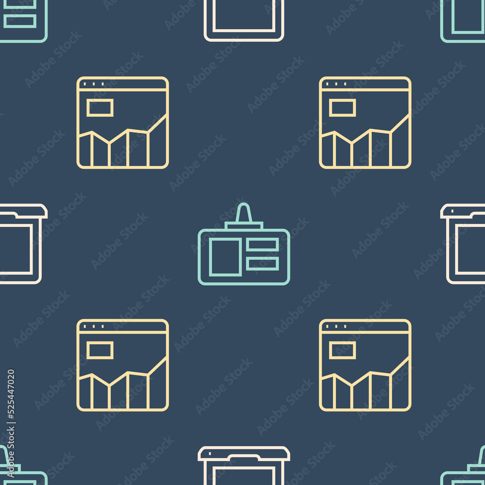 Aufkleber set line laptop, graph chart infographic and identification badge on seamless pattern. vector