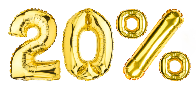 20 Twenty Percent % balloons. Sale, Clearance, discount. Yellow Gold foil helium balloon. Word good for store, shop, shopping mall. English Alphabet Letters. Isolated white background. - Powered by Adobe
