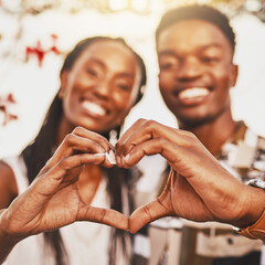 Heart hands, emoji and love of couple smile, happy and showing kindness, trust and support. Closeup...
