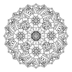 Floral Background with mehndi flower. Decorative ornament in ethnic oriental style, doodle ornament, outline hand draw. Coloring book page.