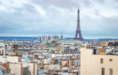 View of Paris France white building architecture and Eiffel Tower from the rooftop of Le Printemps
