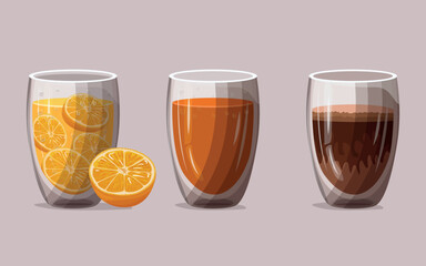 A set of different drinks, coffee with milk and orange juice